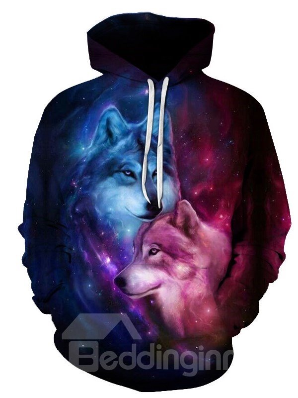 Soft Long Sleeve Dream Galaxy Wolves Pattern 3D Painted Pullover Hoodie