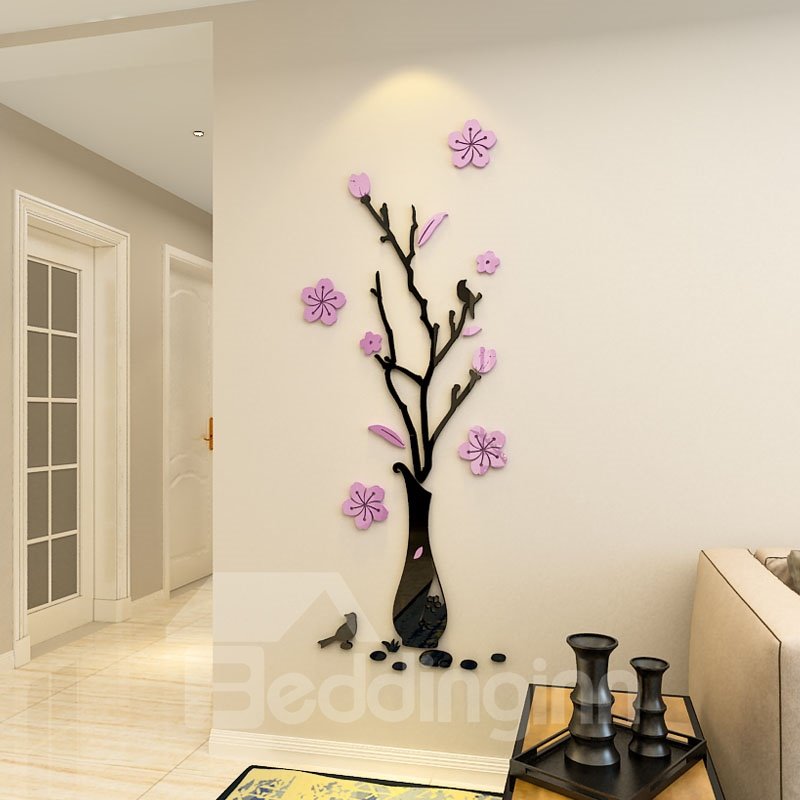 Florero acrílico de flores de ciruelo 3D, pegatinas de pared para sala de estar, dormitorio, fondo de pared de TV, decoración creativa de pared 3D 