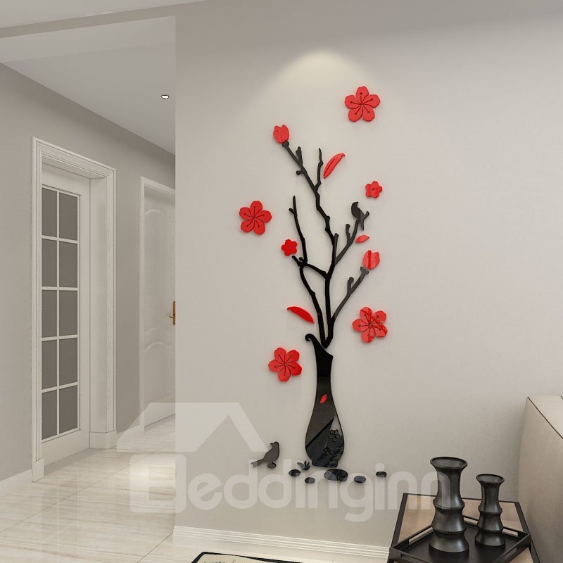 3D Pflaumenblumen Acryl Vase Wandaufkleber Wohnzimmer Schlafzimmer TV Wandhintergrund 3D kreative Wanddekoration 