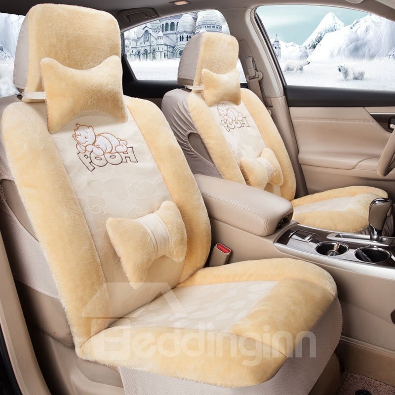 5 Seats Winter Warm Plush Car Seat Cover Full Coverage Cartoon Bear Seat Cover Thickened Plush Universal Fit Seat Covers