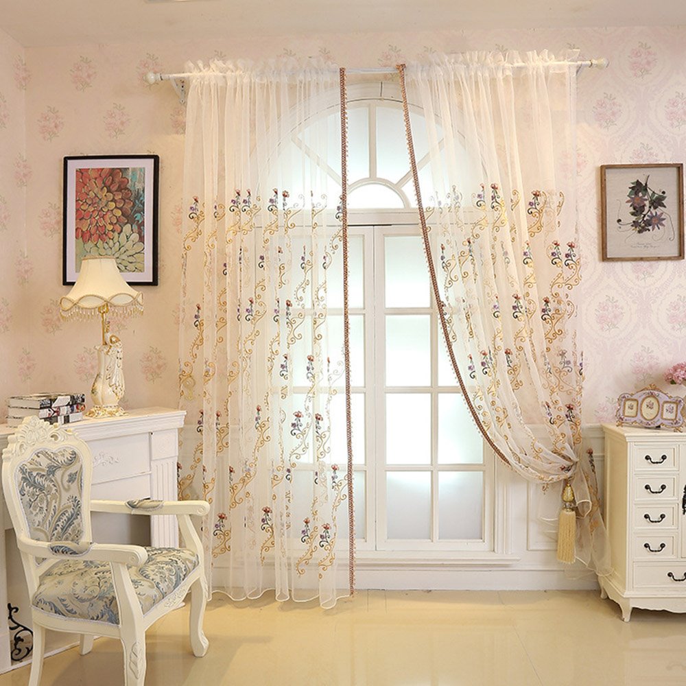 European Embroidery Floral Sheer Curtains for Living Room Bedroom Custom 2 Panels Breathable Voile Drapes No Pilling No Fading No off-lining Polyester