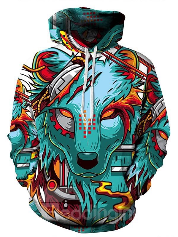 Long Sleeve Cartoon Wolf Pattern Pocket 3D Painted Hoodies