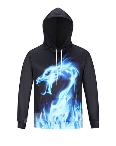 Blue Fire Dragon Long Sleeve 3D Pattern Hoodie