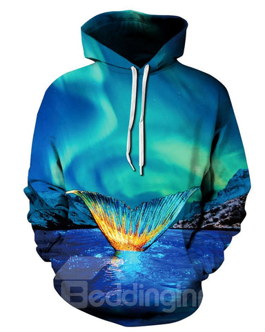 Sudadera con capucha fresca de manga larga con patrón de mar de cola de sirena 3D para hombre