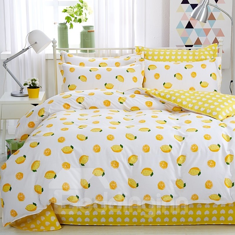4-teilige Bettwäsche-Sets/Bettbezug aus Baumwolle im frischen Zitronengelb-Stil