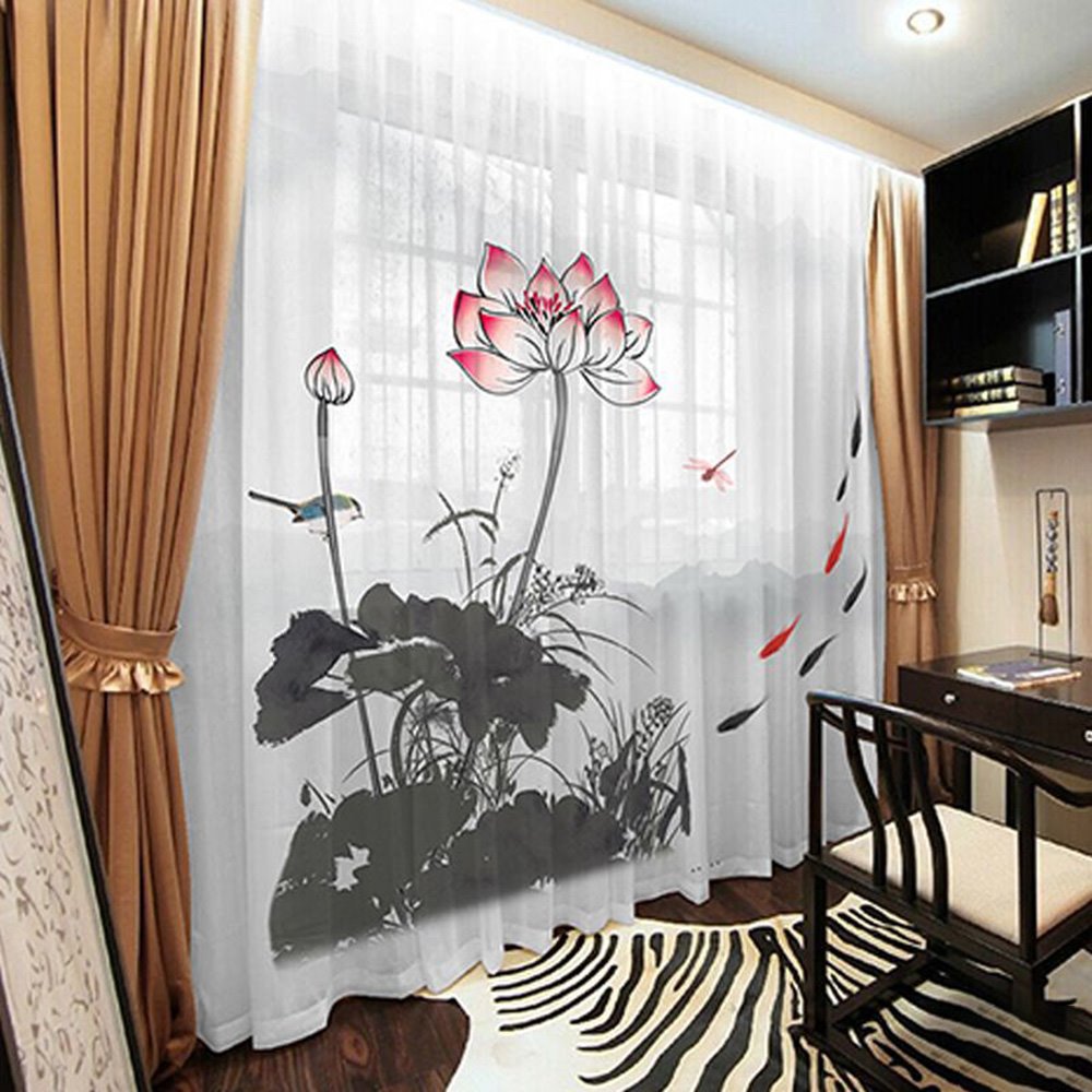 3D Lotus Ink Painting Sheer Curtain Decoration 2 Panels Chiffon Sheer for Living Room 30% Shading Rate No Pilling No Fading No off-lining