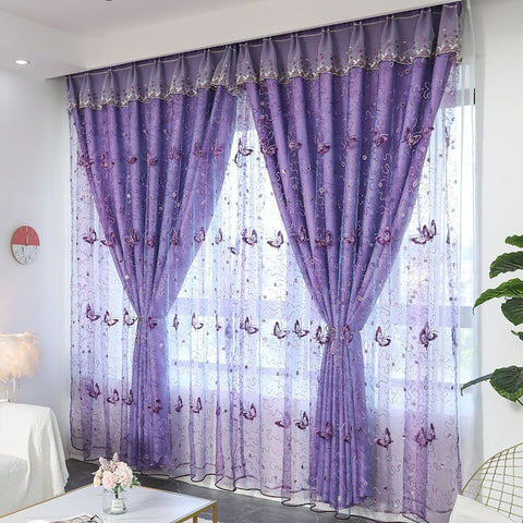 Conjuntos de cortinas moradas con bordado de mariposas europeas, cortinas opacas transparentes y con forro para decoración de sala de estar y dormitorio, sin pelusas, sin decoloración, sin forro 