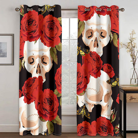 Skull in Red Rose 3D Printed Curtains Blackout Decoration Window Shading Curtain Custom 2 Panels Drapes Polyester