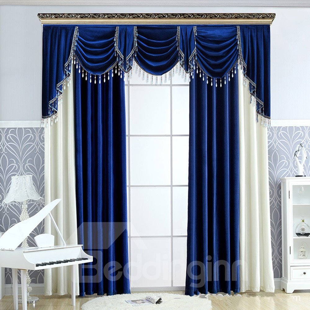 Luxury European Grommet Shading Curtains Blue and White Flannelette Blackout Custom 2 Panels Drapes for Living Room Bedroom No Pilling No Fading No off-lining