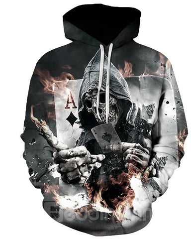 Skull Fire with Poker Long Sleeve 3D Pattern Hoodie