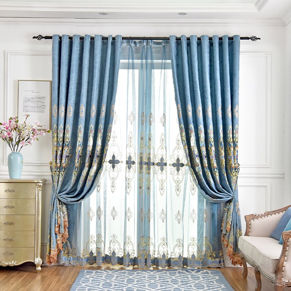 European Blue High-end Embroidery Sheer Curtains for Living Room Bedroom Decoration Custom 2 Panels Breathable Voile Drapes No Pilling No Fading No off-lining Polyester