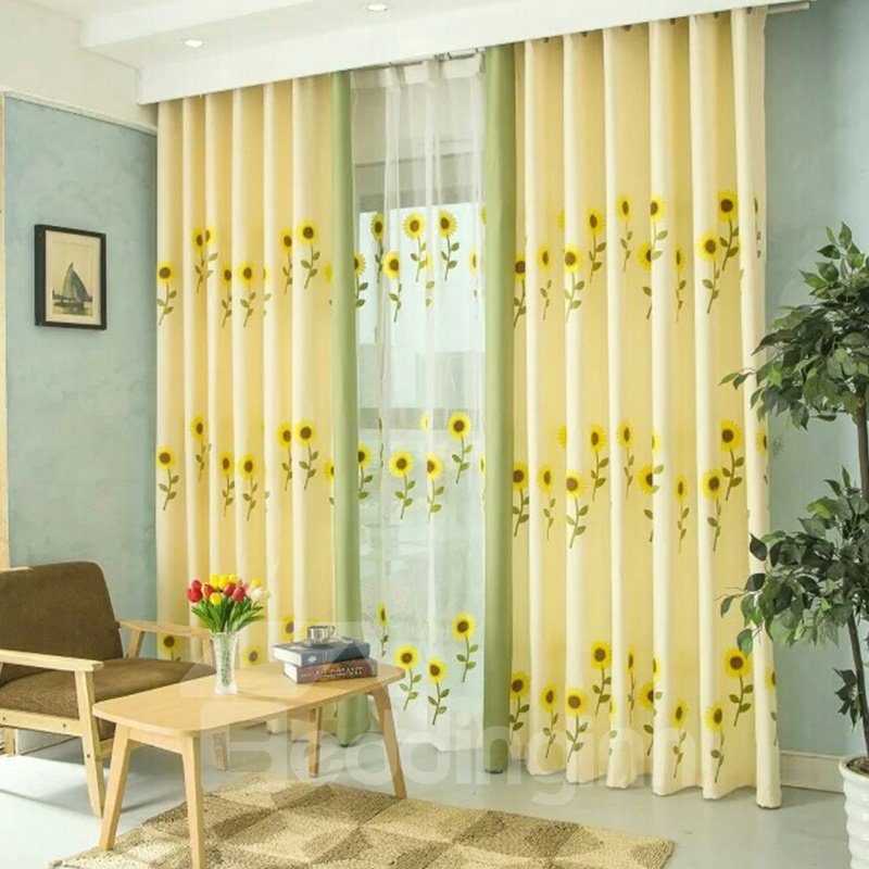 Vorhang-Set mit Dekoration, Polyester-Stickerei, helle Sonnenblumen, süßer Stil, durchsichtiges Futter