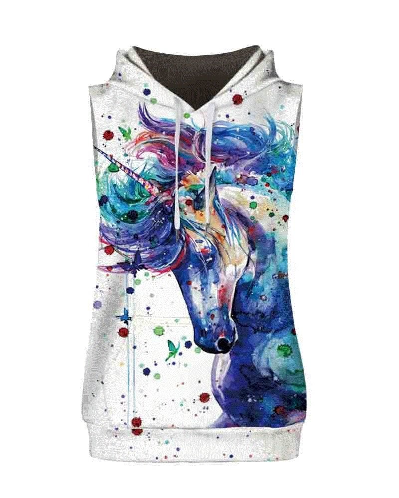 Colorful Unicorn Sleeveless Pullover Hooded Men Fashion T-shirt