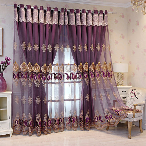 Conjuntos de cortinas bordadas dobles europeas moradas, cortinas opacas transparentes y con forro para decoración de sala de estar y dormitorio, sin pelusas, sin decoloración, sin forro 