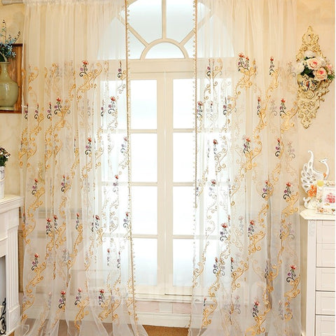 Eleganter, ausgefallener Organza-Vorhang mit bestickten Blumen, transparenter Vorhang für das Wohnzimmer