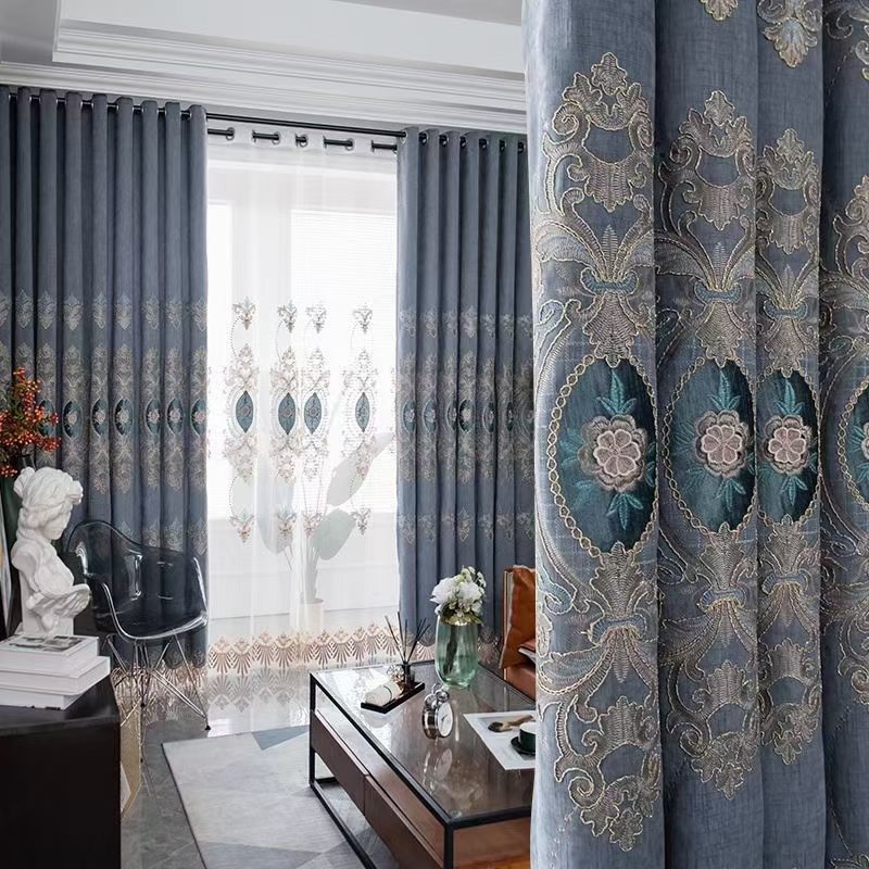 Embroidery Blackout Curtains Blue Shading Curtains High Shading Rate Noble and Elegant for Living Room Bedroom Window Decoration Custom 2 Panels Drapes Chenille