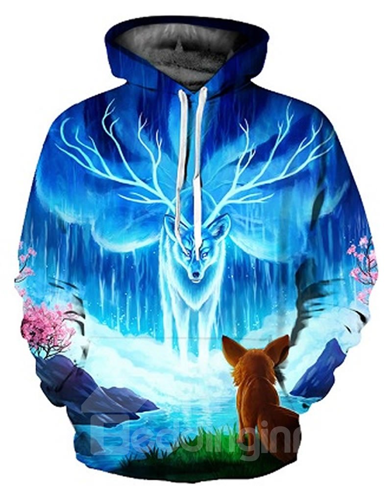 Suéter con estampado azul de zorro estilo mito 3D, sudaderas con capucha geniales de manga larga