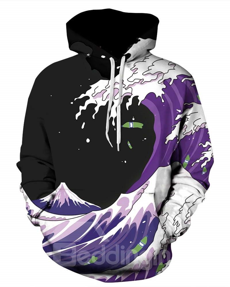 Sudadera con capucha pintada en 3D con fondo negro y patrón de olas de mar de manga larga