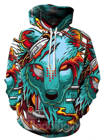 Long Sleeve Cartoon Wolf Pattern Pocket 3D Painted Hoodies