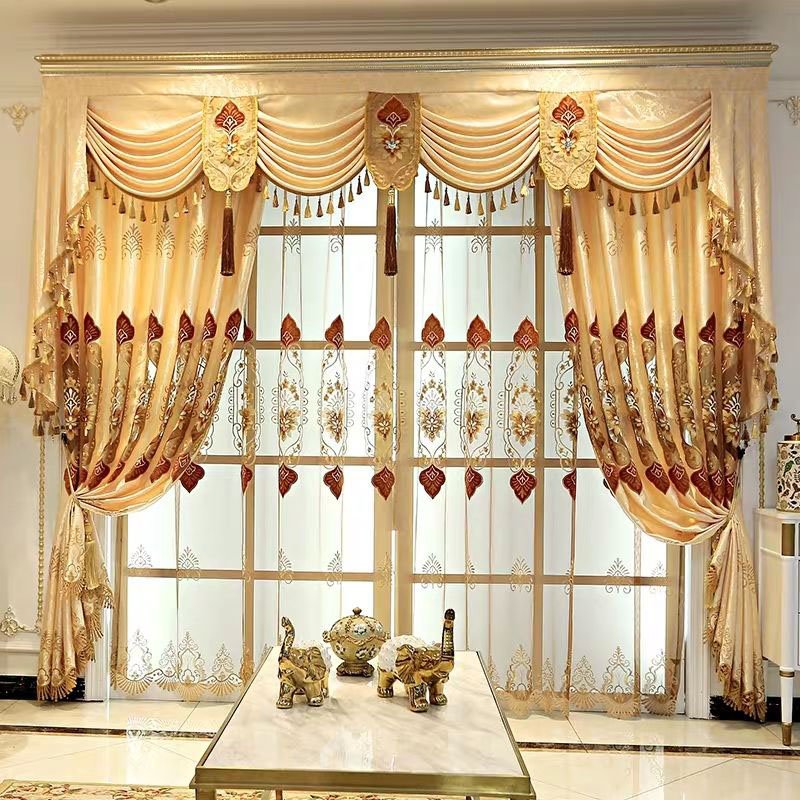 Cortinas para sala de estar transparentes con bordado Floral dorado de lujo, 2 paneles personalizados, cortinas transpirables, sin pelusas, sin decoloración, sin forro