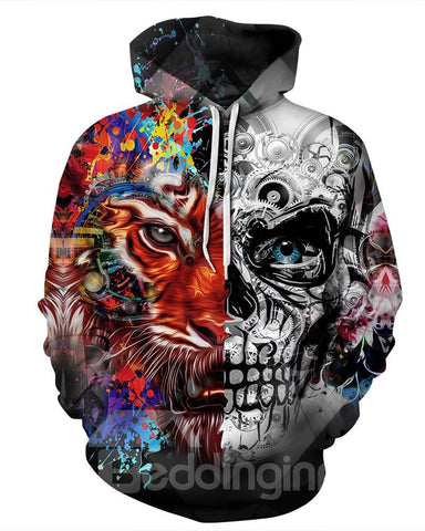 Cool Long Sleeve Tiger Skull Face Pattern 3D Painted Hoodie