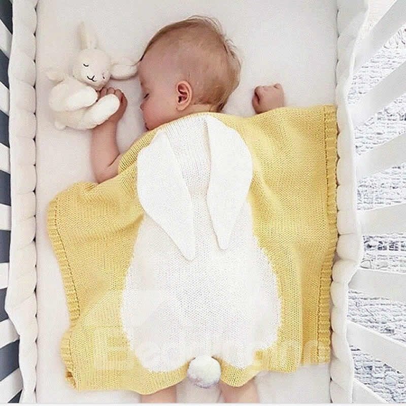 White Rabbit Pattern Cotton Knit Gray Baby Blanket