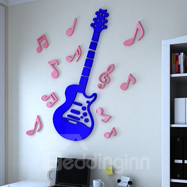 Modisches Design, Acryl-Gitarre und Noten-Muster, 4 Farben, 3D-Wandaufkleber