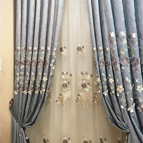 Europäische elegante Blumenstickerei-Vorhänge für Wohnzimmer, Schlafzimmer, Dekoration, individuell, 2 Bahnen, atmungsaktive Voile-Vorhänge, kein Pilling, kein Ausbleichen, kein Abstreifen