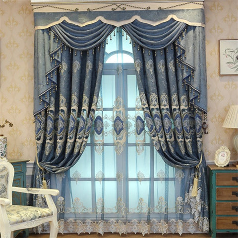 Voile-Vorhänge, durchsichtige Vorhänge mit Blumenstickerei, blauer Kaffee, edel und elegant für Wohnzimmer, Schlafzimmer, Dekoration, individuell, 2 Stoffbahnen, atmungsaktive Vorhänge 