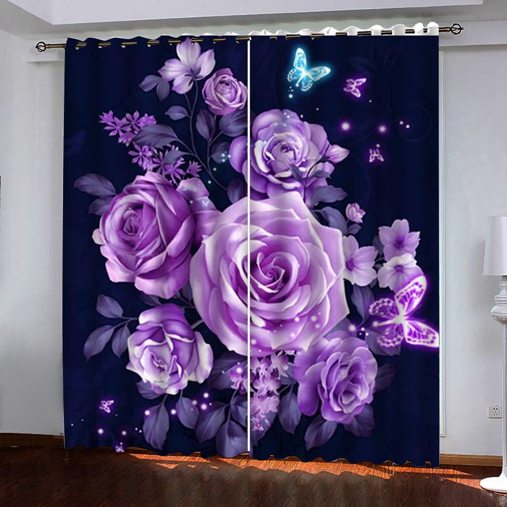 Blackout Decoration 3D Purple Roses Printed Curtain Custom 2 Panels Drapes No Pilling No Fading No off-lining