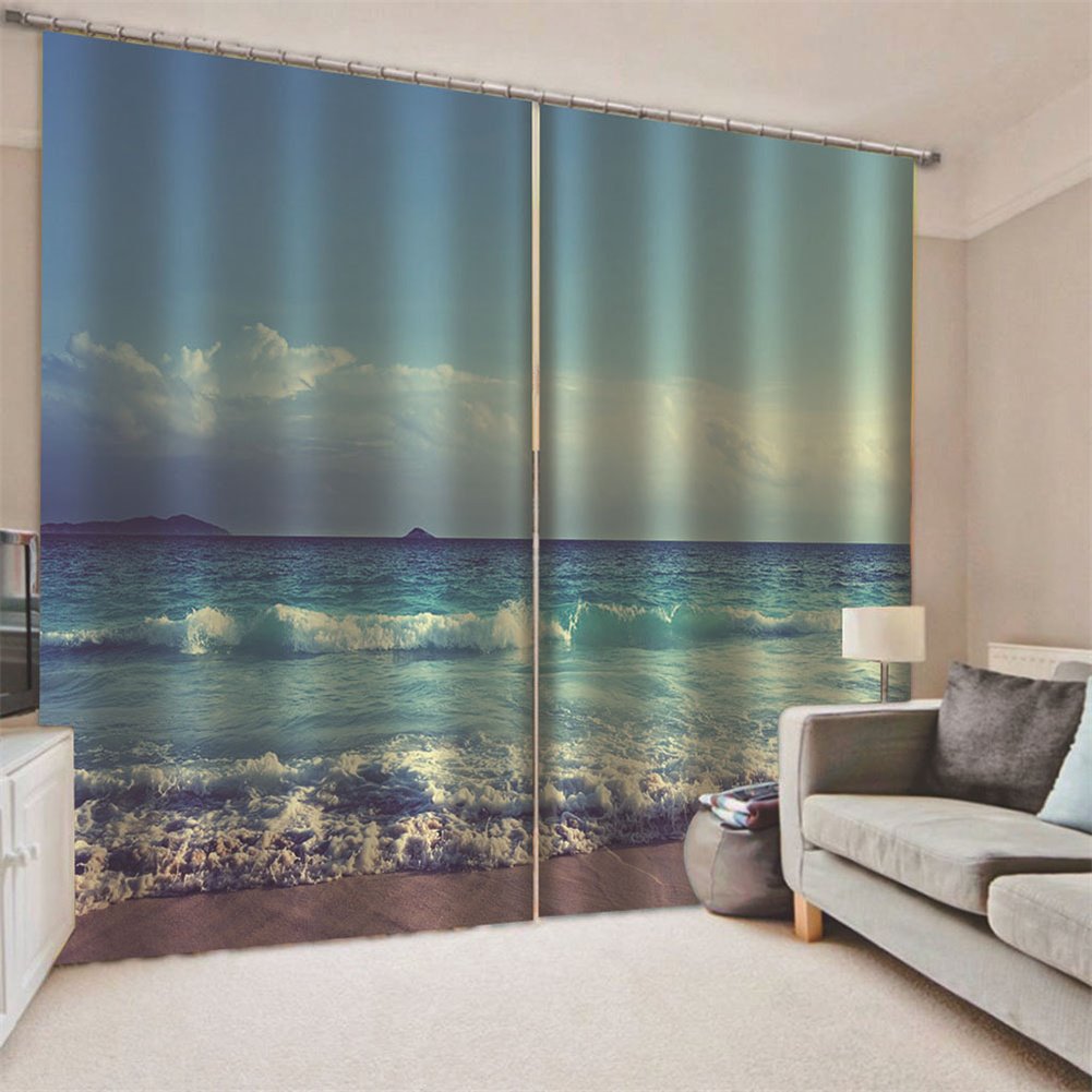 Cortinas opacas con estampado 3D moderno de paisaje, cielo y mar, cortinas personalizadas de 2 paneles para sala de estar, dormitorio, sin pelusas, sin decoloración, sin forro de poliéster
