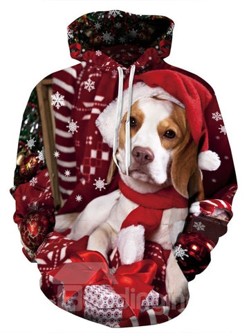 Sudadera con capucha pintada en 3D con bolsillo delantero y estampado de perro encantador de manga larga única
