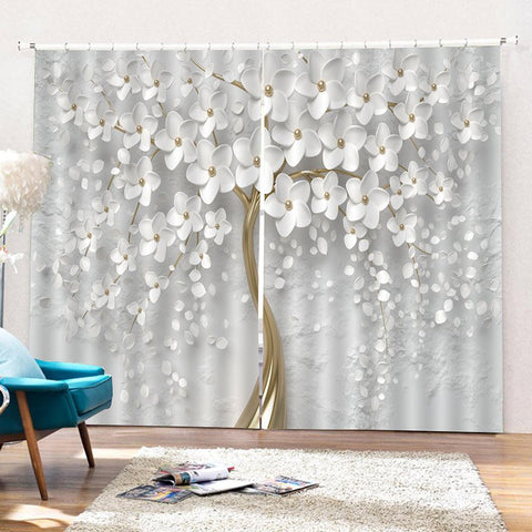 Cortinas opacas con impresión 3D, diseño de árbol de flores blancas creativas, 2 paneles, cortinas para sala de estar, dormitorio, decoración, sin pelusas, sin decoloración, sin forro de poliéster 