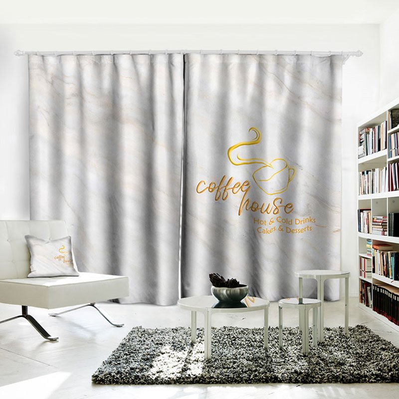 3D Scenery Curtains Gray Marbling Letter Printed Blackout Curtains Water-proof and Dust-proof Custom Curtain for Living Room Bedroom Window Decoration