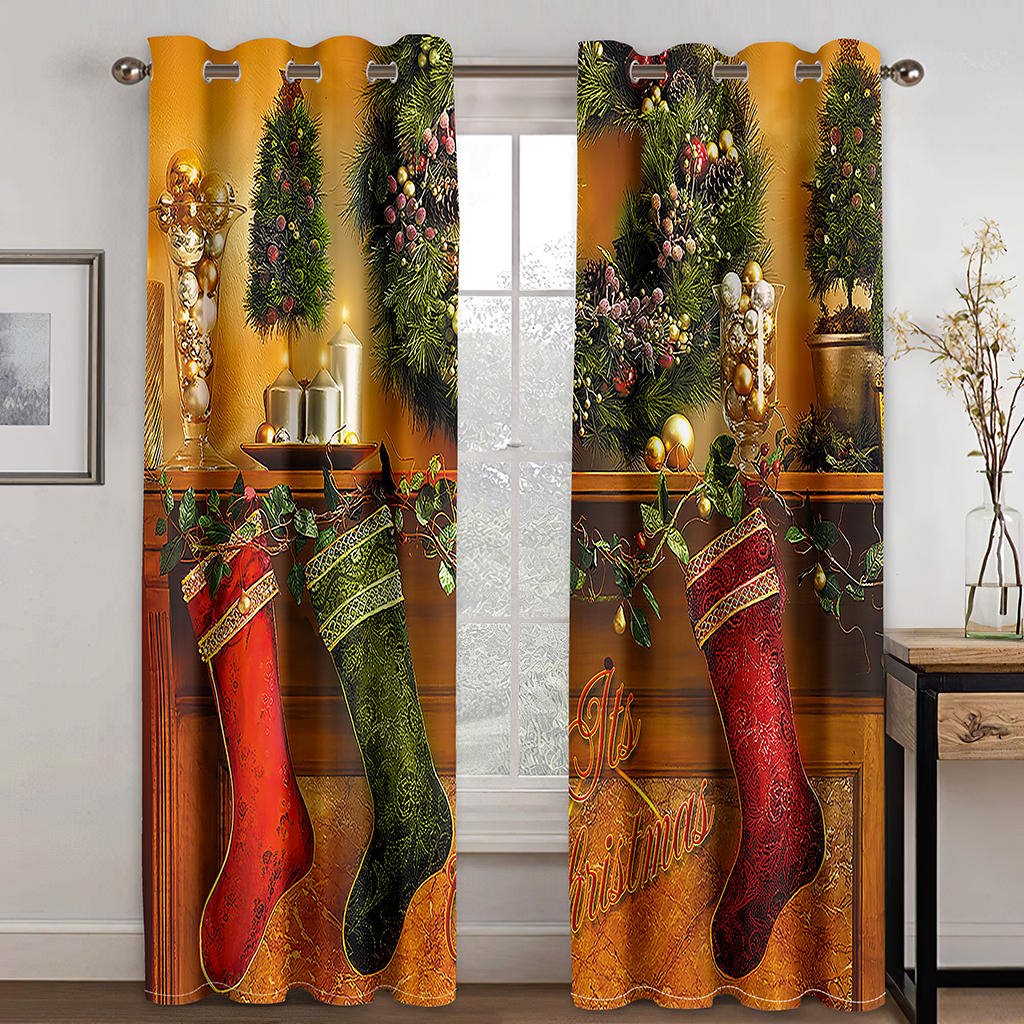 Christmas Trees and Socks Christmas 3D Curtains Xmas Red Print Living Room Bedroom Window Drapes 2 Panel Set