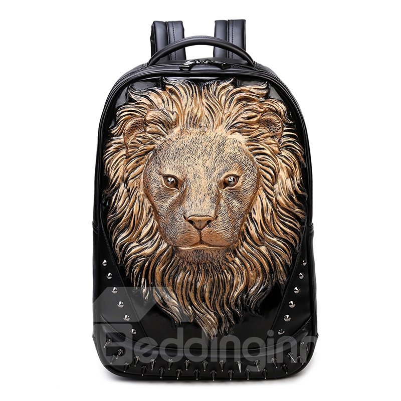 Personalized 3D Lion PU Leather Durable Casual Laptop Backpack School Bag