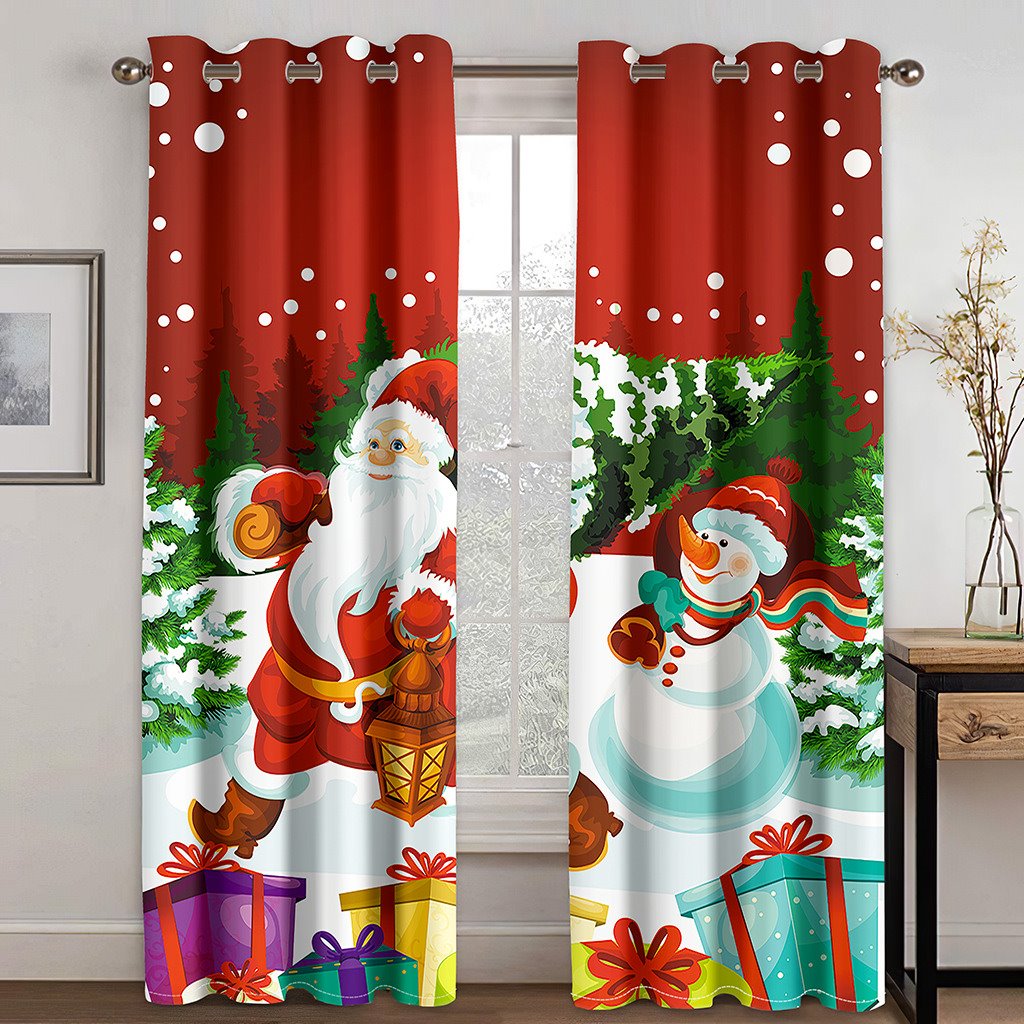 Santa Claus and the Snowman Christmas 3D Curtains Xmas Red Print Living Room Bedroom Window Drapes 2 Panel Set