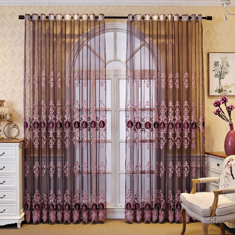 Cortinas transparentes personalizadas para sala de estar, elegantes y de lujo, bordadas en color púrpura, cortinas de gasa transpirables, sin pelusas, sin decoloración, sin forro 