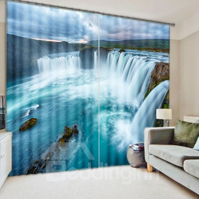 Cortina personalizada de poliéster grueso con paisaje natural impreso en cascada impetuosa 3D