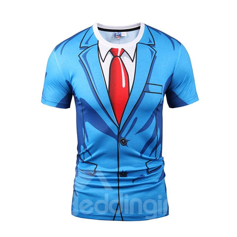Traje azul con camiseta 3D de manga corta con estampado de corbata roja para hombre