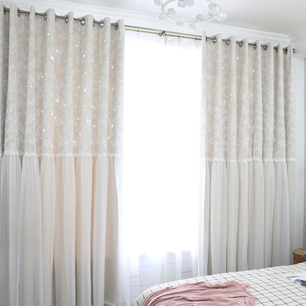 Conjuntos de cortinas decorativas opacas ahuecadas con estrella romántica, 2 paneles personalizados de encaje, sin pelusas, sin decoloración, sin forro 