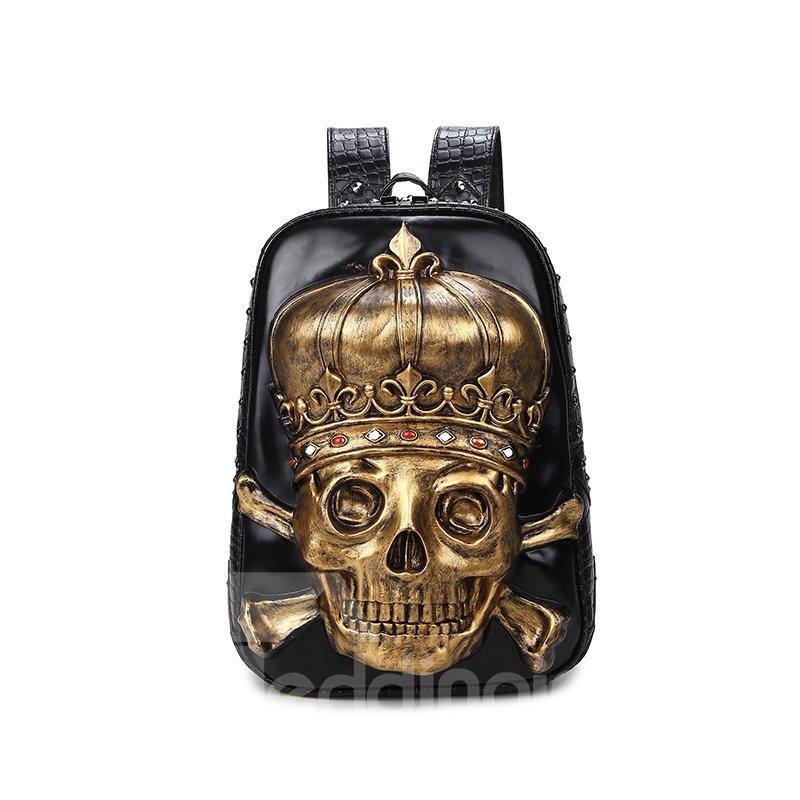 3D Crown Skull Studded Backpack PU Leather Shoulder Bag