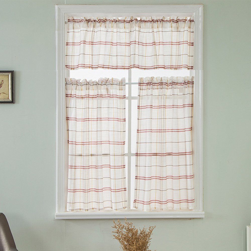 Cenefa de ventana de lino con patrón de rayas modernas, cortina corta de 1 pieza para cocinas, baños, sótanos y más