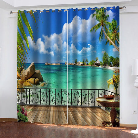 3D Seaside Scenery Decoration Blackout Window Curtains for Living Room Bedroom No Pilling No Fading No off-lining Blocks Out 80% of Light and 90% of UV Ray