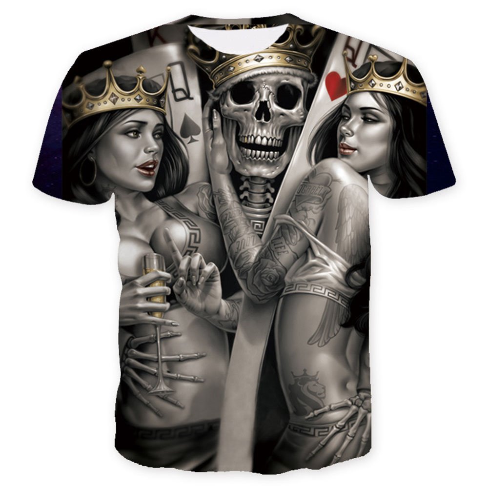 Cooler Totenkopf-König mit Schönheiten-Aufdruck, lässiges Rundhals-Kurzarm-Herren-T-Shirt mit bequemem, atmungsaktivem Stoff 