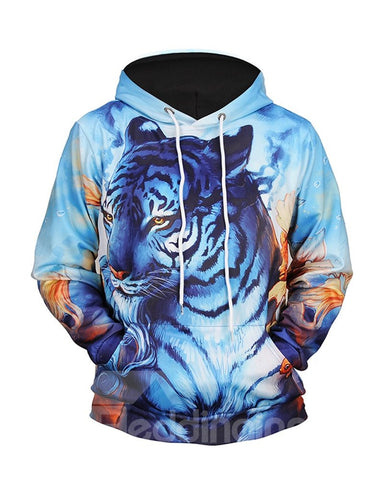 Cool Tiger Athletic Loose Model Pullover Kangaroo Pocket 3D Painted Hoodie