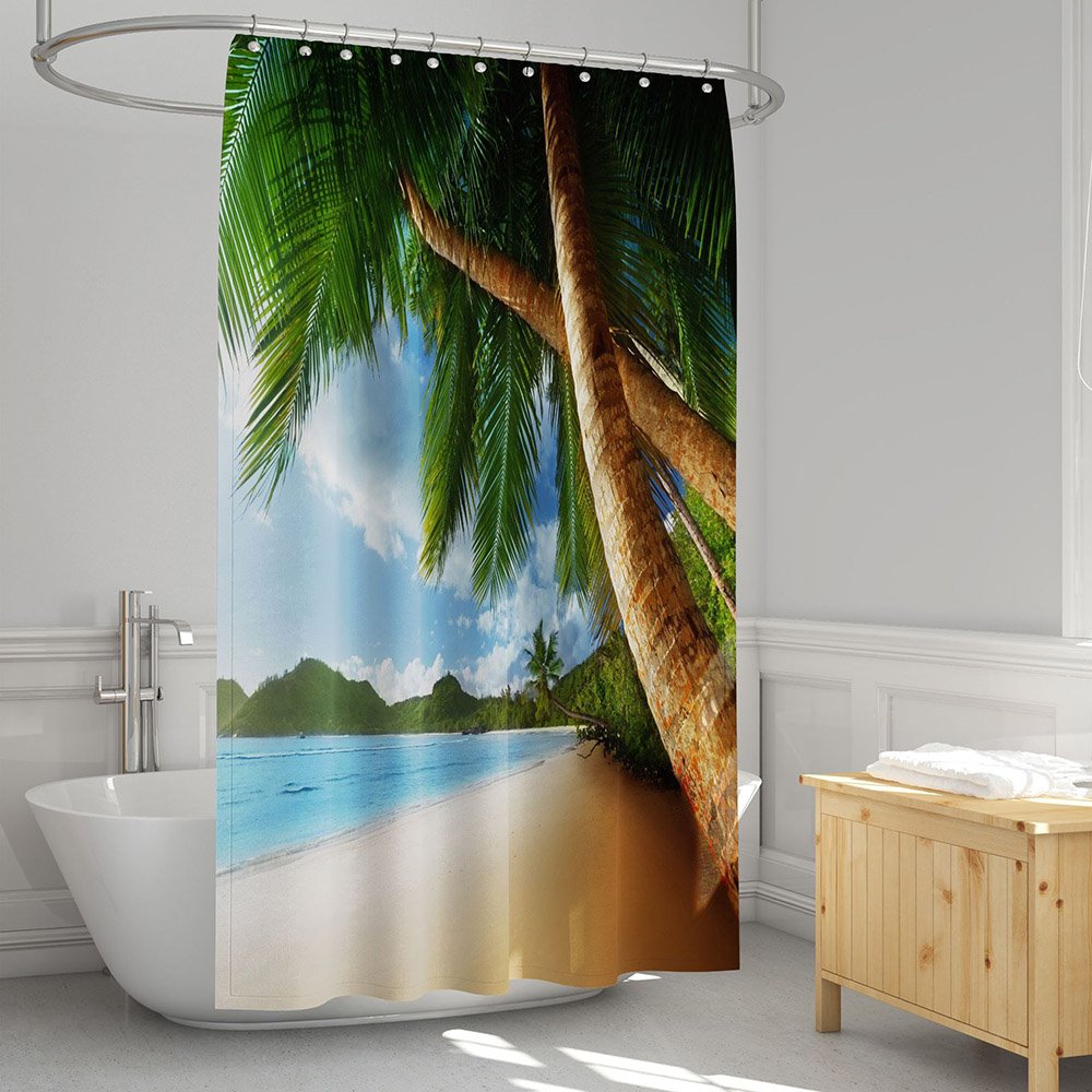 3D-gedruckter Duschvorhang mit Palmenküstenlandschaft, Badezimmer-Trennvorhang, langlebig, wasserdicht, schimmelresistent, Polyester, 5 Größen 