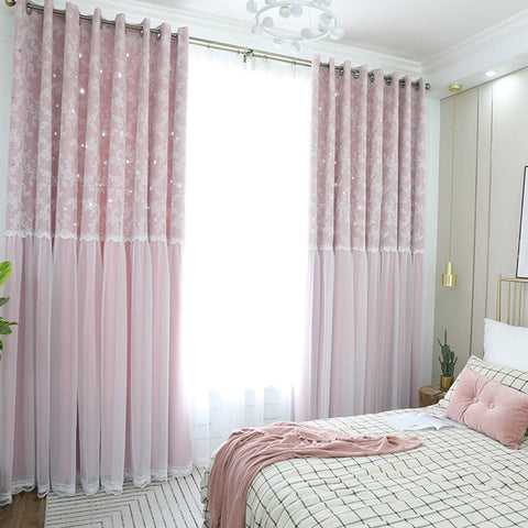 Conjuntos de cortinas decorativas opacas ahuecadas con estrella romántica, 2 paneles personalizados de encaje, sin pelusas, sin decoloración, sin forro 