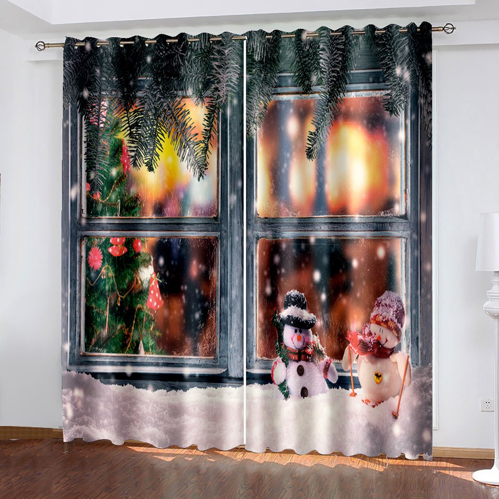 3D-Verdunkelungsvorhänge, Weihnachten, künstliches Fenster, Schneemann, Weihnachtsdruck, Vorhänge für Wohnzimmer, Schlafzimmer, Fenstervorhänge, 2-teiliges Set 