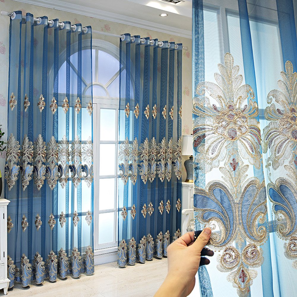 European Style Blue Embroidered Sheer Curtains for Living Room Bedroom Decoration Custom 2 Panels Breathable Voile Drapes No Pilling No Fading No off-lining Polyester